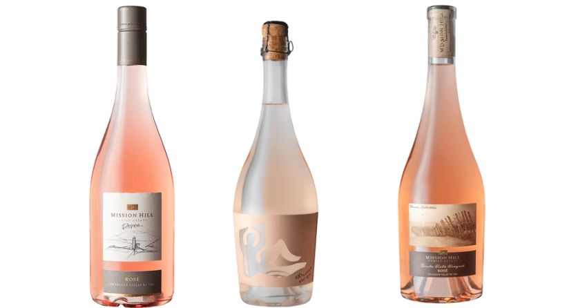 <who>Photo credit: Mission Hill Family Estate</who>Mission Hill's three pinks are, from left, Reserve Organic Rose 2023 ($26), Exhilarat!on Brut Rose ($40) and 2022 Border Vista Vineyard Rose ($38).