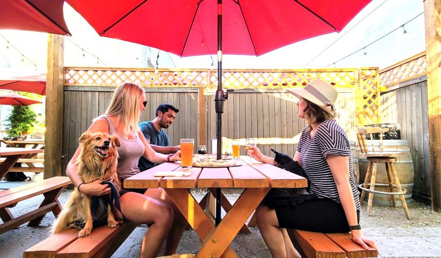 <who>Photo credit: Tourism Kelowna</who>Jackknife Brewery's patio is dog-friendly.